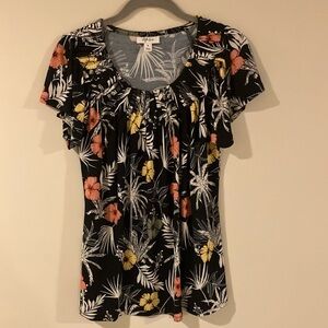 Style & Co. Black Floral Blouse with Coral and Yellow Accents